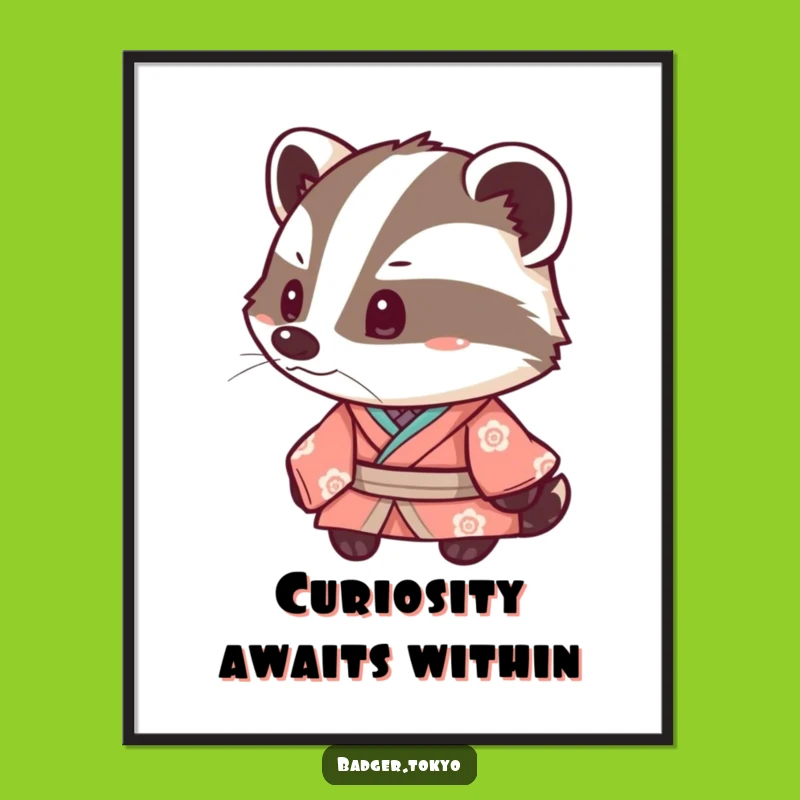 Funny Kawaii Badger Kimono Poster: Inquisitive Art, Whimsical Wall Decor, Funny Gift