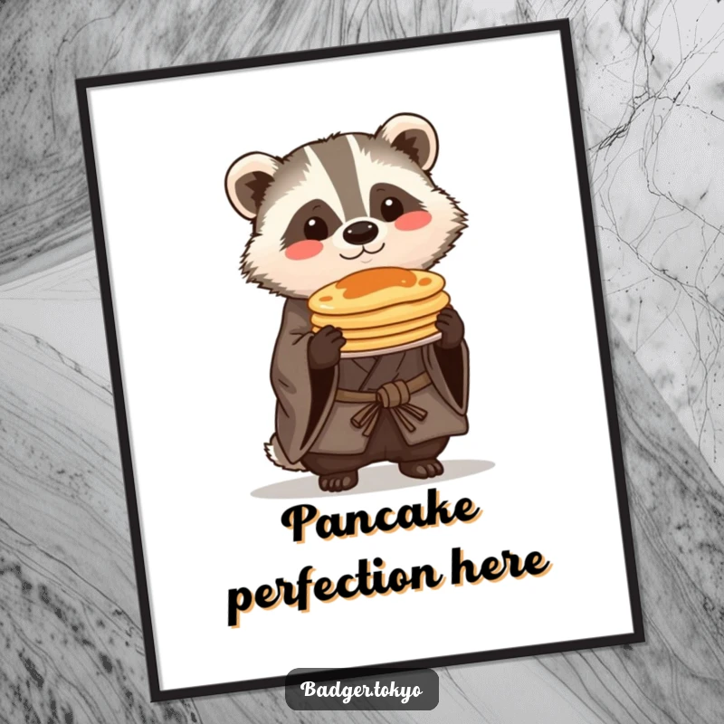 Funny Kawaii badger in a rustic kimono proudly balancing a small stack of pancakes, a humorous and appetizing art print.