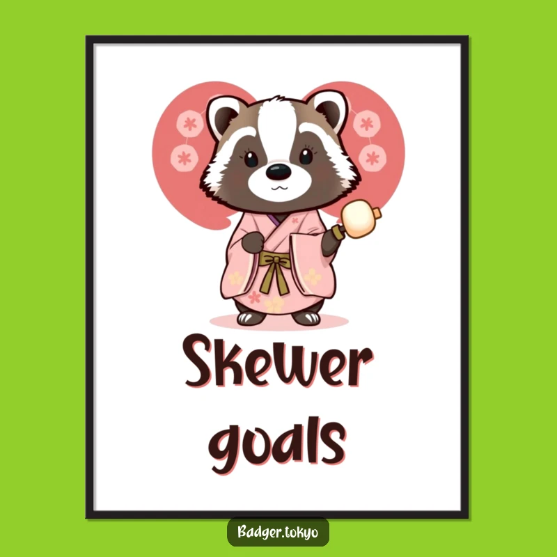 Funny Art Print: Badger with Dango in Kimono - Foodie Decor