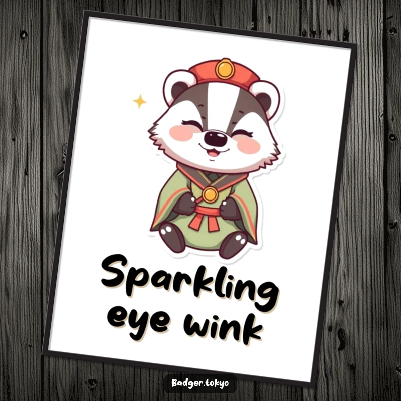 Funny Winking Badger Kimono Poster, badger winking with happy sparkle, mischievous art, charming, vibrant, perfect funny gift.