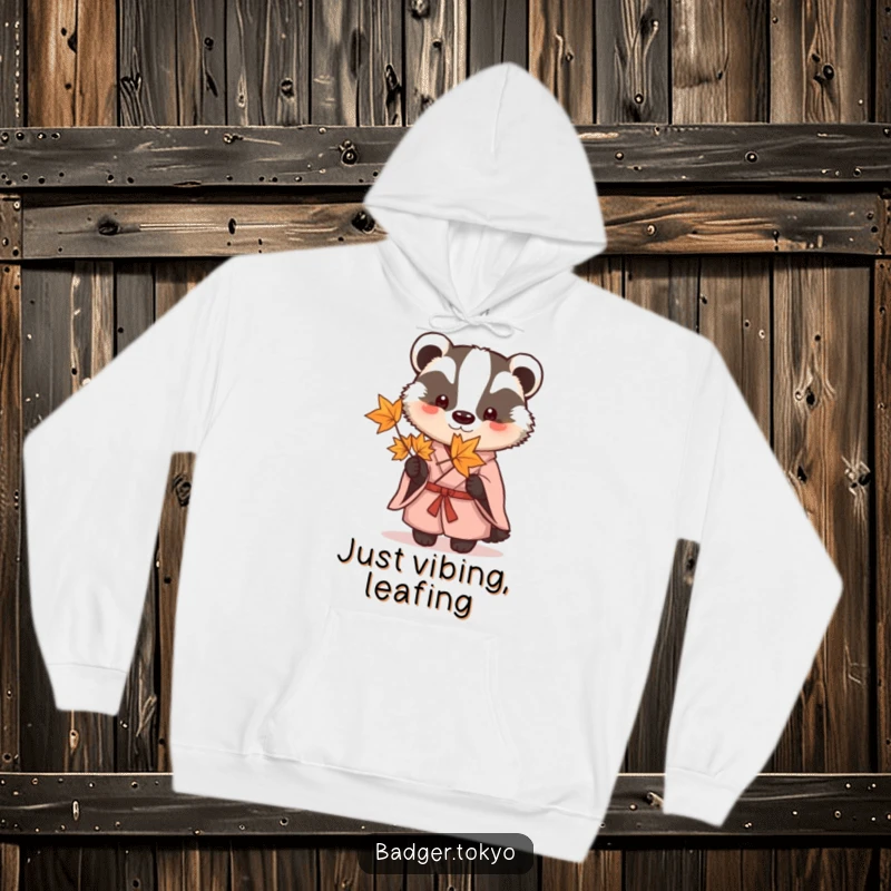 Funny Hoodie: A badger in a simple kimono peacefully holding a vibrant maple leaf, offering warmth and humor.