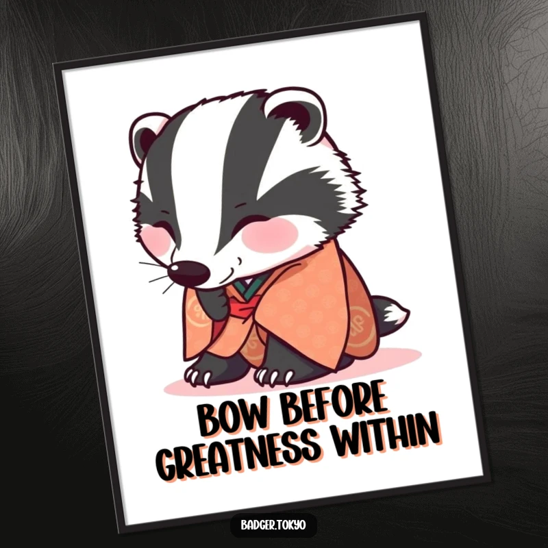 Funny Free Printable Wall Art of a badger in a patterned kimono joyfully bowing low, adding a touch of whimsical politeness.