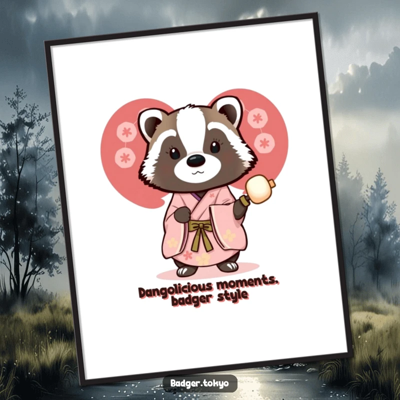 Funny Free Printable Wall Art: A badger in a beautiful kimono holds a dango skewer, looking content and sweet.