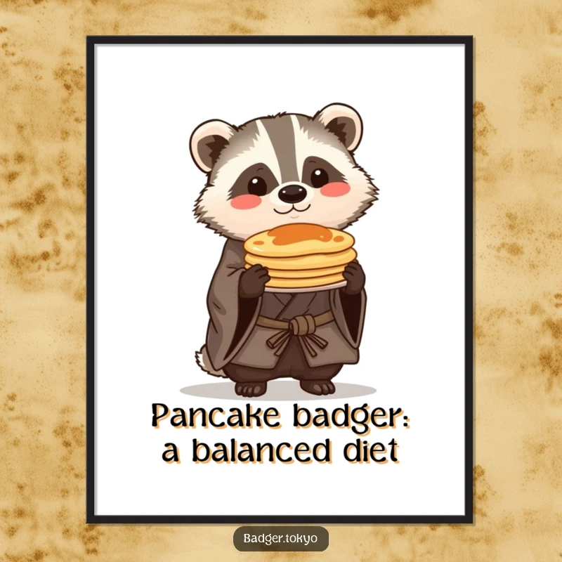 Funny Free Printable Wall Art: Kawaii badger in a rustic kimono proudly balancing a small stack of pancakes, charming design.