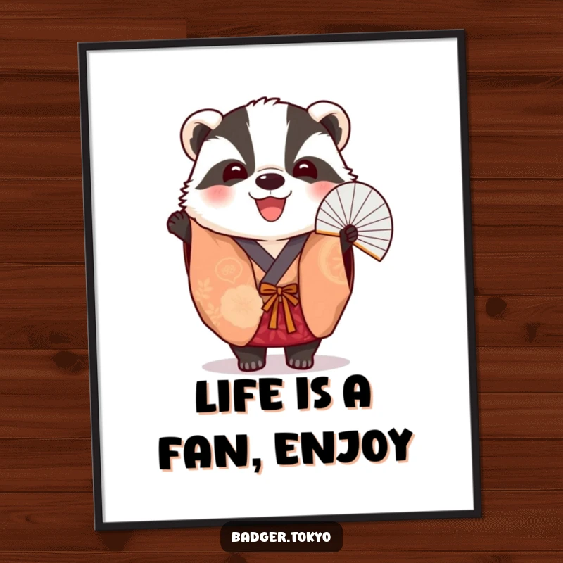 Funny Free Printable Wall Art of a badger in a vibrant kimono cheerfully holding a fan, adding a touch of playful festivity.