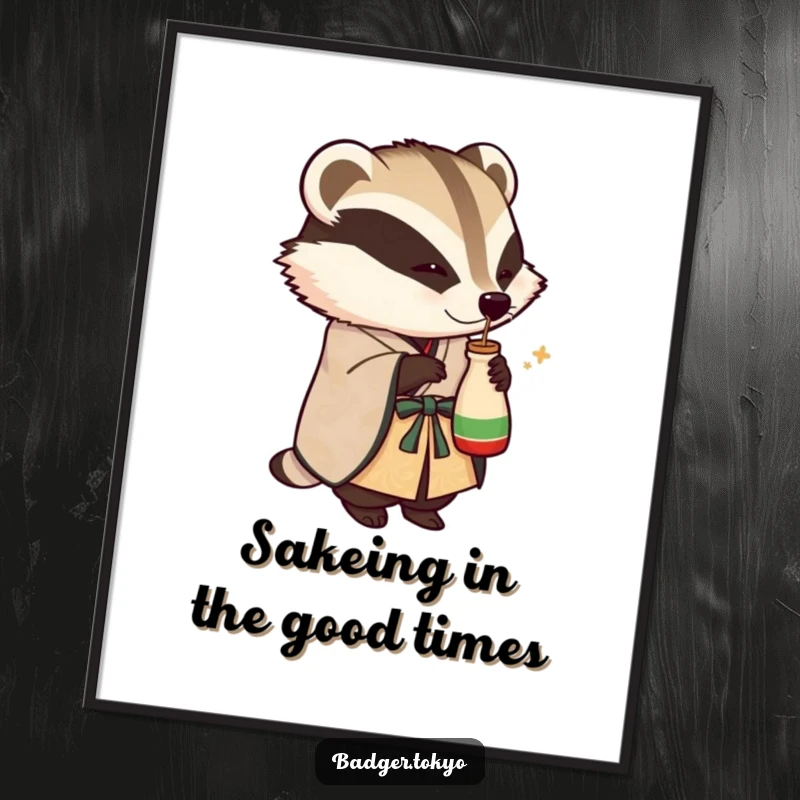 Funny Free Printable Wall Art: A badger in an ornate kimono playfully tips a small sake flask, ready for a toast.