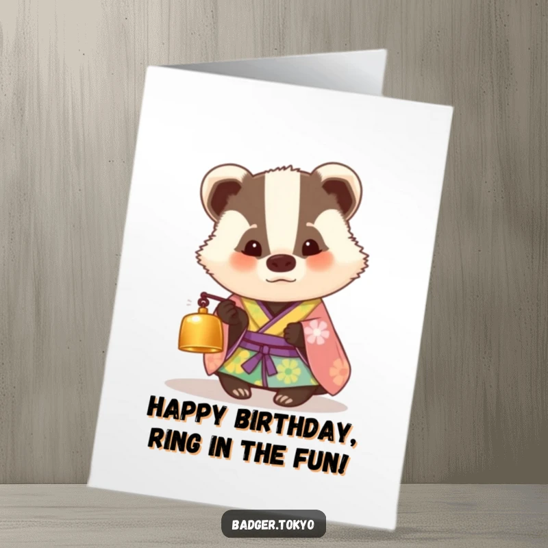 Funny Free Printable Birthday Card: A badger in a colorful kimono curiously inspects a tiny bell, full of wonder.