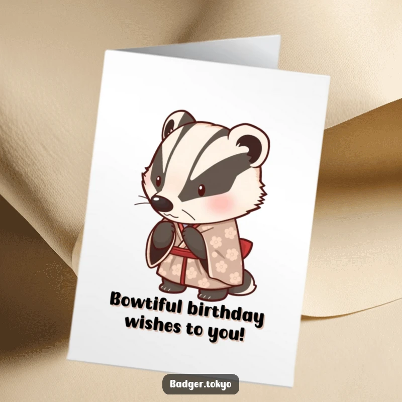 Funny Free Printable Birthday Card: Cute badger in a patterned kimono, bowing politely with a smile, perfect for any occasion.