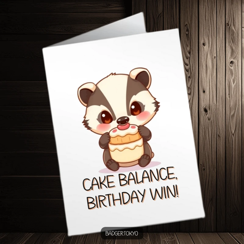 Funny Free Printable Birthday Card: A curious badger with wide eyes carefully balances a small, delicious-looking cake.