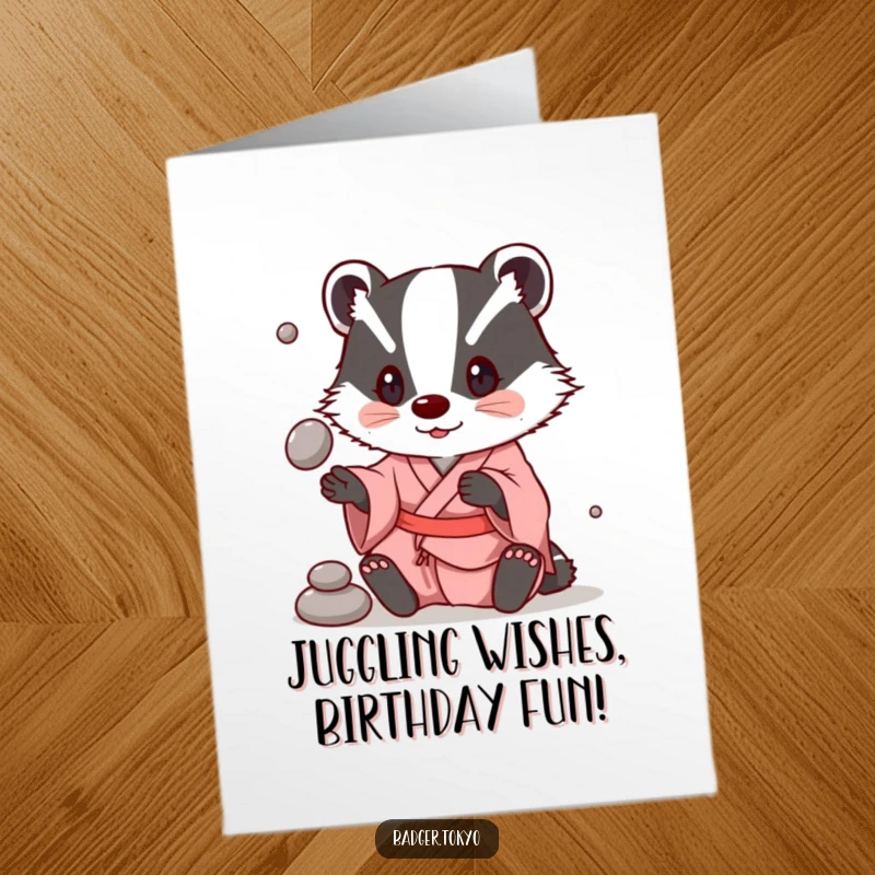 Funny Free Printable Birthday Card: A badger in a simple kimono playfully juggles three smooth stones with impressive skill.