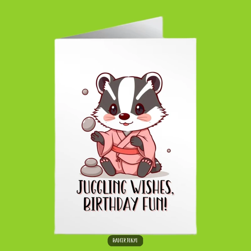 Free Printable Birthday Card: Juggling Badger in Kimono, Fun Birthday Greeting for Him or Her