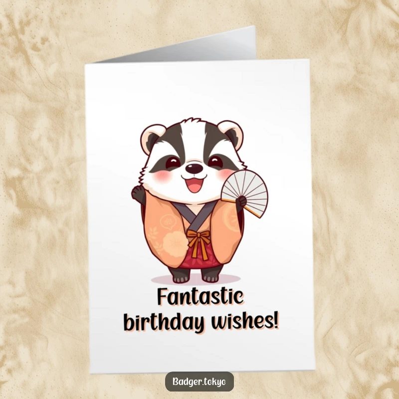 Funny Free Printable Birthday Card: A badger in a vibrant kimono cheerfully holds a fan, ready to celebrate with festive flair.