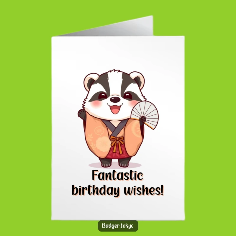 Free Printable Birthday Card: Lively Badger in Kimono with Fan, Fun Festive Downloadable Greeting