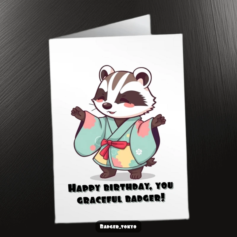 Funny Free Printable Birthday Card: Kawaii badger in kimono performs a gentle, sweeping motion, a delightful design.