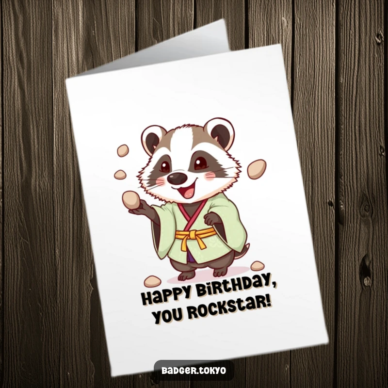 Funny free printable birthday card showing a badger in a cheerful kimono, enthusiastically juggling pebbles with a playful, happy expression.