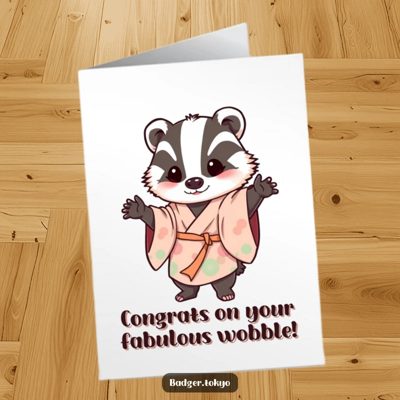 Funny Free Printable Congratulations Card: A badger in a flowing kimono strikes a playfully wobbly pose, celebrating success with humor.