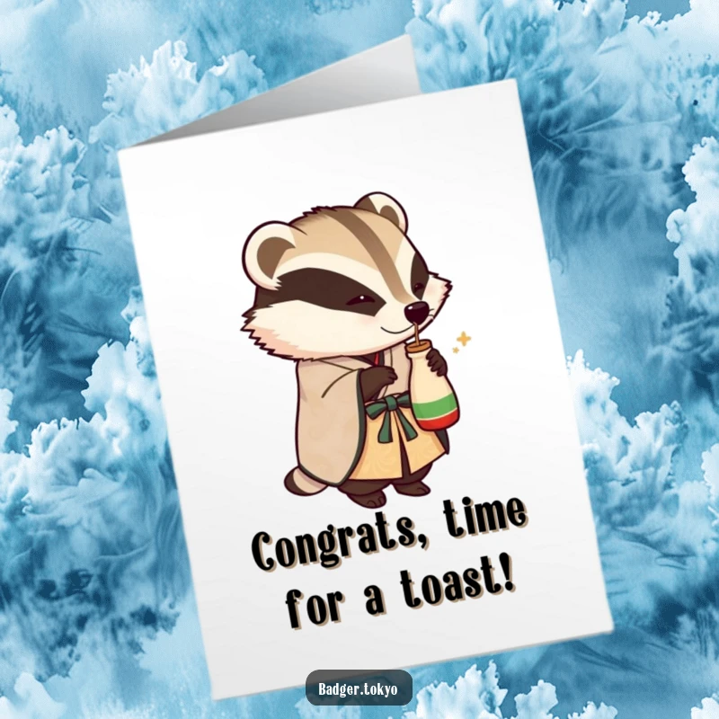 Funny Free Printable Congratulations Card: A badger in an ornate kimono playfully tips a sake flask, toasting success.
