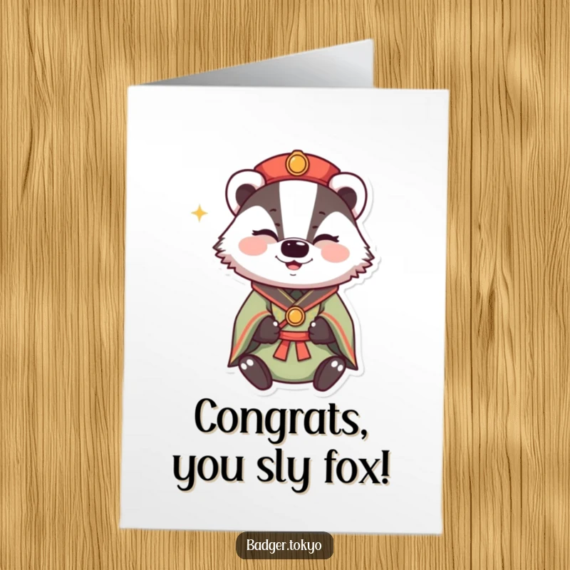 Funny free printable congratulations card showing a badger in traditional attire, winking with a happy sparkle, perfect for celebrating achievements.
