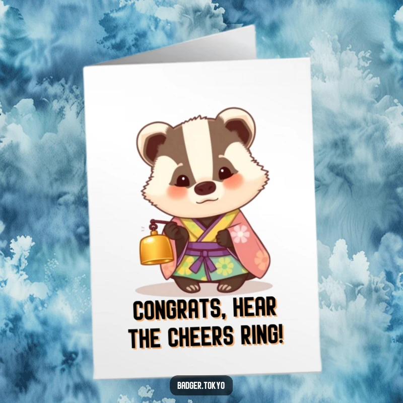 Funny Free Printable Congratulations Card: A badger in a colorful kimono looks with curiosity at a tiny bell, celebrating a find.