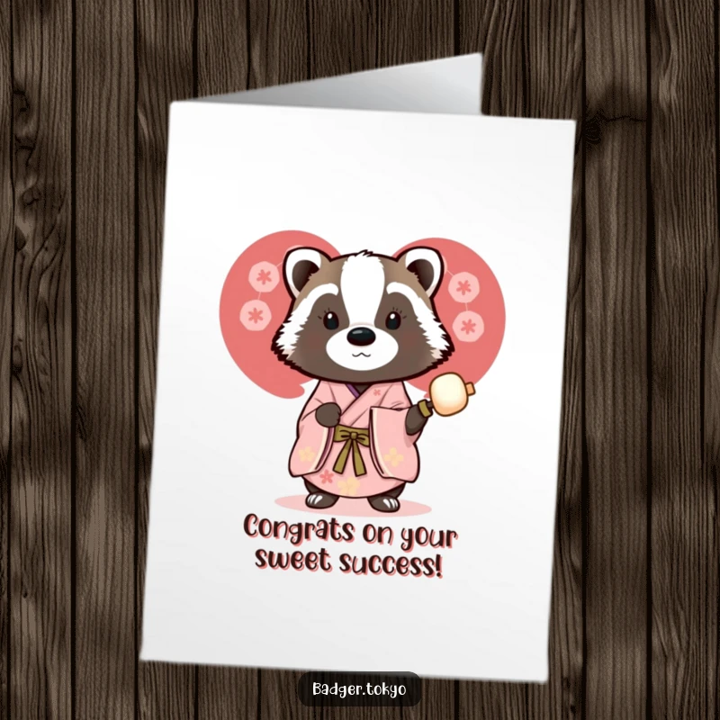 Funny Free Printable Congratulations Card: A badger in a beautiful kimono enjoys a dango skewer, celebrating a wonderful achievement.