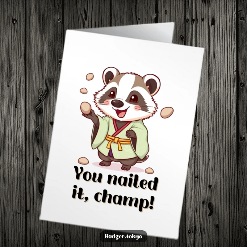 Funny free printable congratulations card featuring a happy badger in a kimono, skillfully juggling pebbles with a joyful, energetic flair.