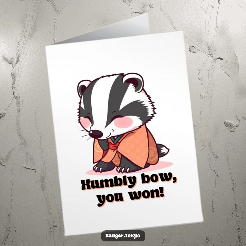 Funny Free Printable Congratulations Card: A badger in a patterned kimono joyfully bows low, celebrating a wonderful achievement.