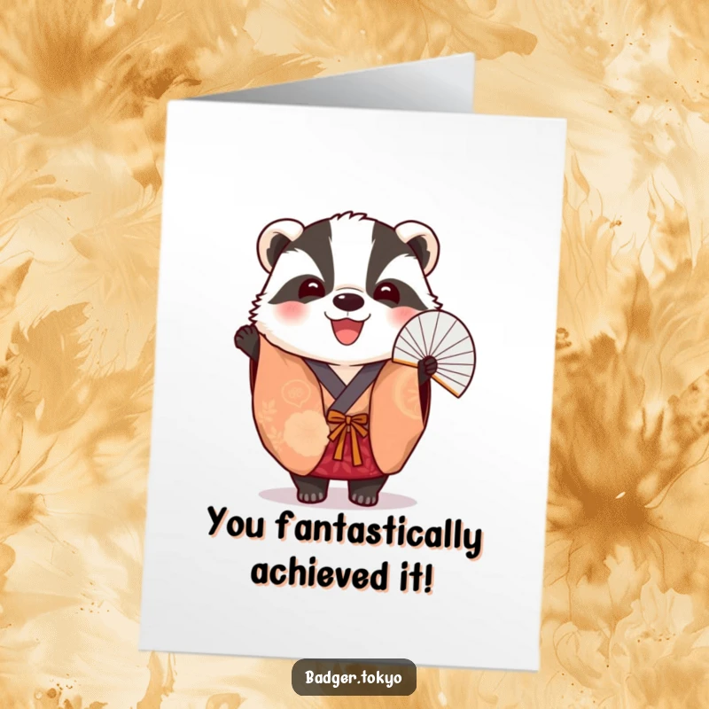 Funny Free Printable Congratulations Card featuring a badger in a vibrant kimono, cheerfully holding a fan, ready to express congratulations.