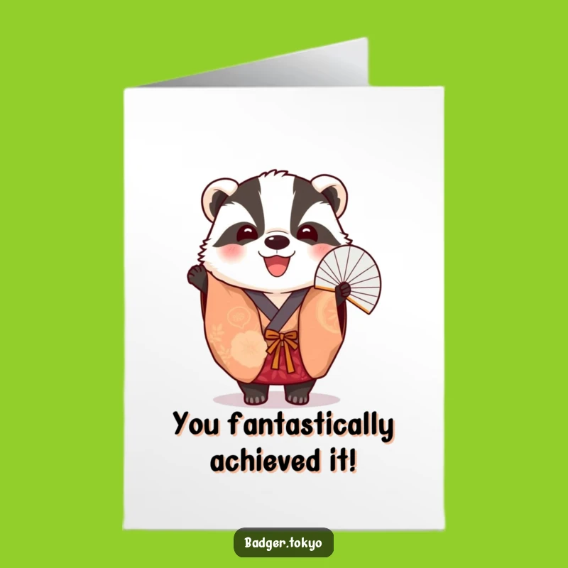 Free Printable Congratulations Card: Festive Badger in Kimono and Fan, Celebrate in Style