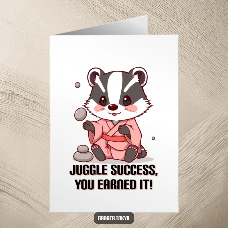 Funny Free Printable Congratulations Card: A badger in a simple kimono playfully juggles smooth stones, celebrating success.