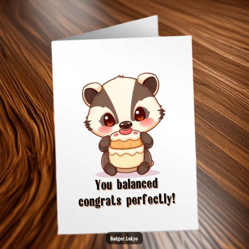 Funny Free Printable Congratulations Card: A curious badger balances a small cake, symbolizing a sweet achievement.