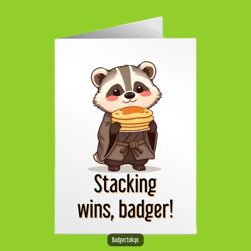 Free Printable Kawaii Badger Congrats Card: Funny Pancake Balance Downloadable