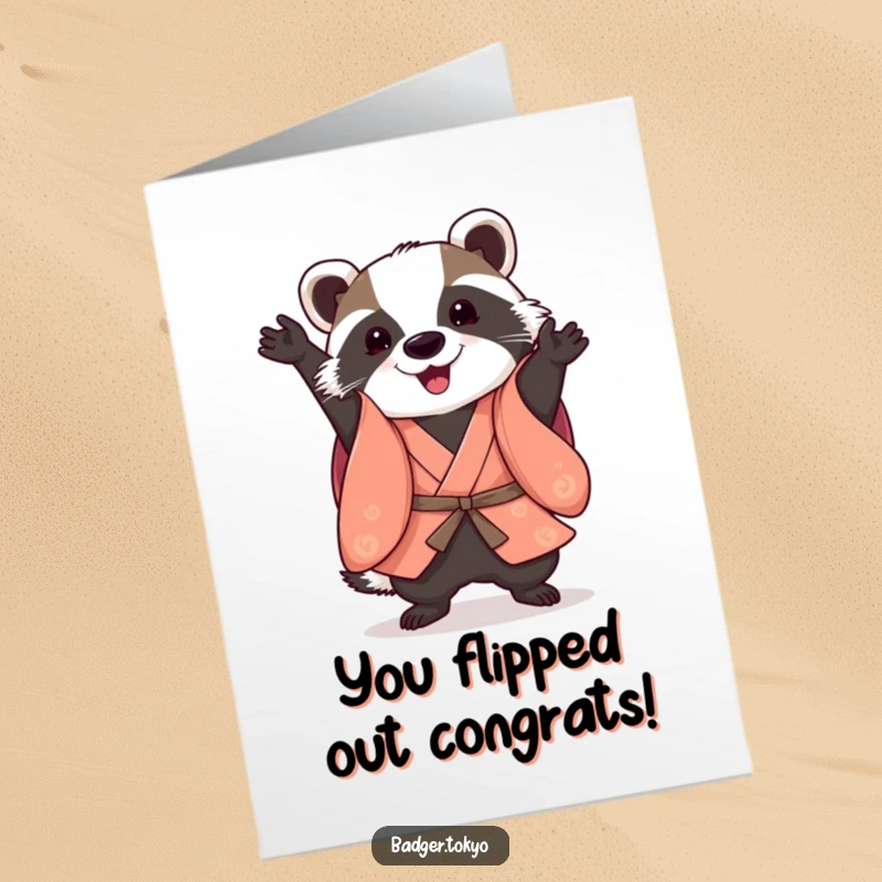 Funny free printable congratulations card featuring a badger in a stylish kimono, executing a playful somersault with impressive agility.