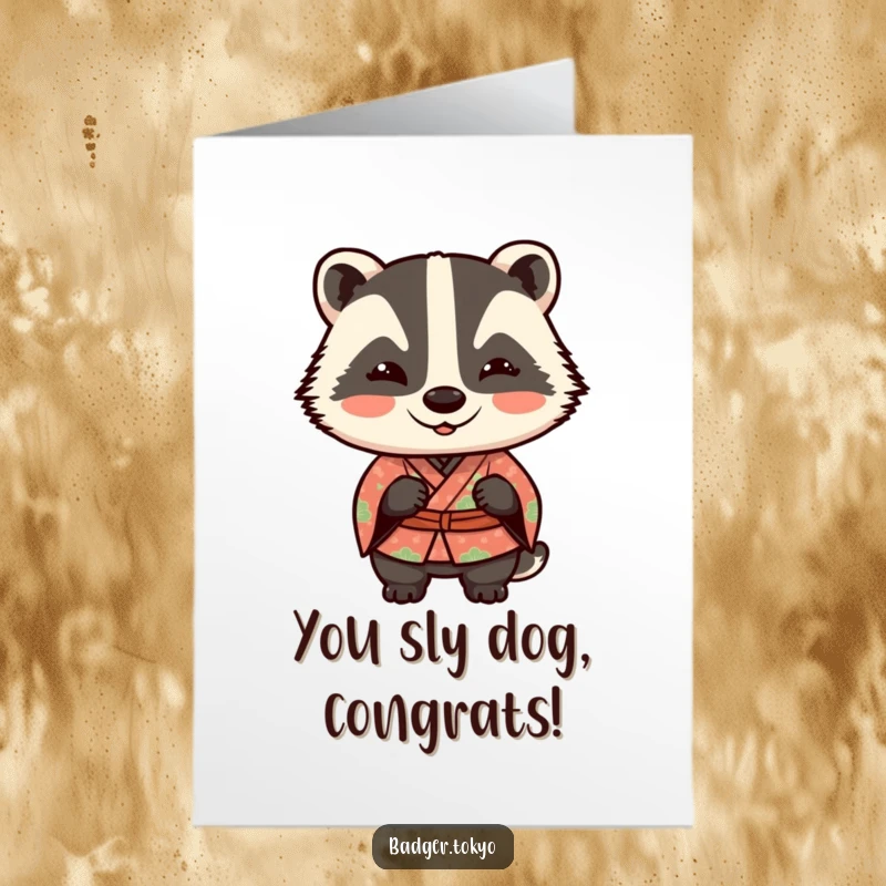 Funny Free Printable Congratulations Card: Mischievous Kawaii badger in kimono winks playfully, a clever and congratulatory design.
