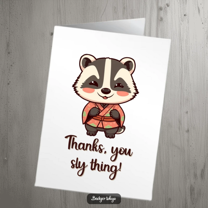 Funny Free Printable Thank You Card: Mischievous Kawaii badger in kimono winks playfully, a charming and thankful design.