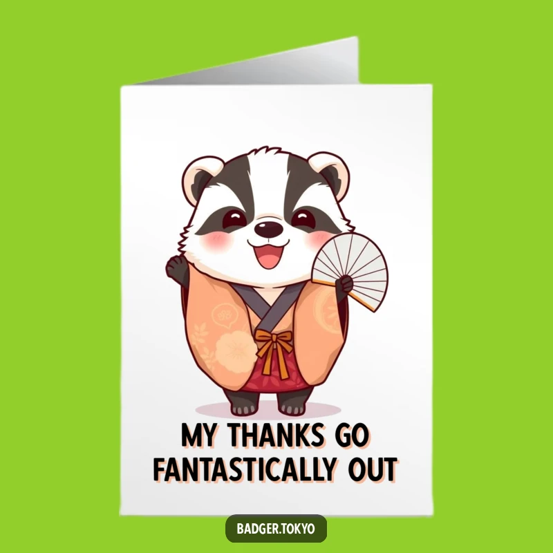 Free Printable Thank You Card: Cheerful Badger in Kimono with Fan, Express Gratitude