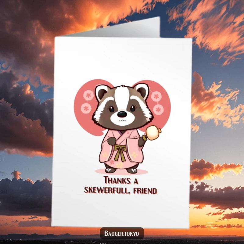 Funny Free Printable Thank You Card: A badger in a beautiful kimono happily offers a dango skewer, expressing thanks.