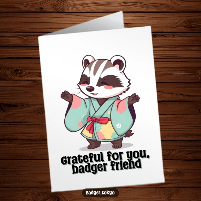 Funny Free Printable Thank You Card: Kawaii badger in kimono performs a gentle, sweeping motion, a thankful design.