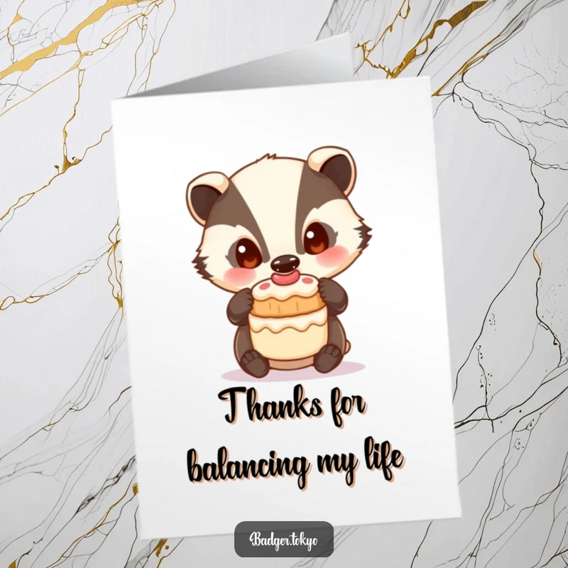 Funny Free Printable Thank You Card: A curious badger balances a small cake, offering a sweet expression of gratitude.