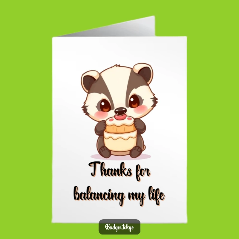 Free Printable Thank You Card: Grateful Badger with Cake, Sweet Gratitude Downloadable Message