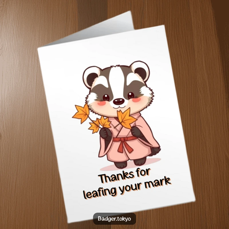 Funny Free Printable Thank You Card: A badger in a simple kimono delicately holds a maple leaf, symbolizing heartfelt appreciation.