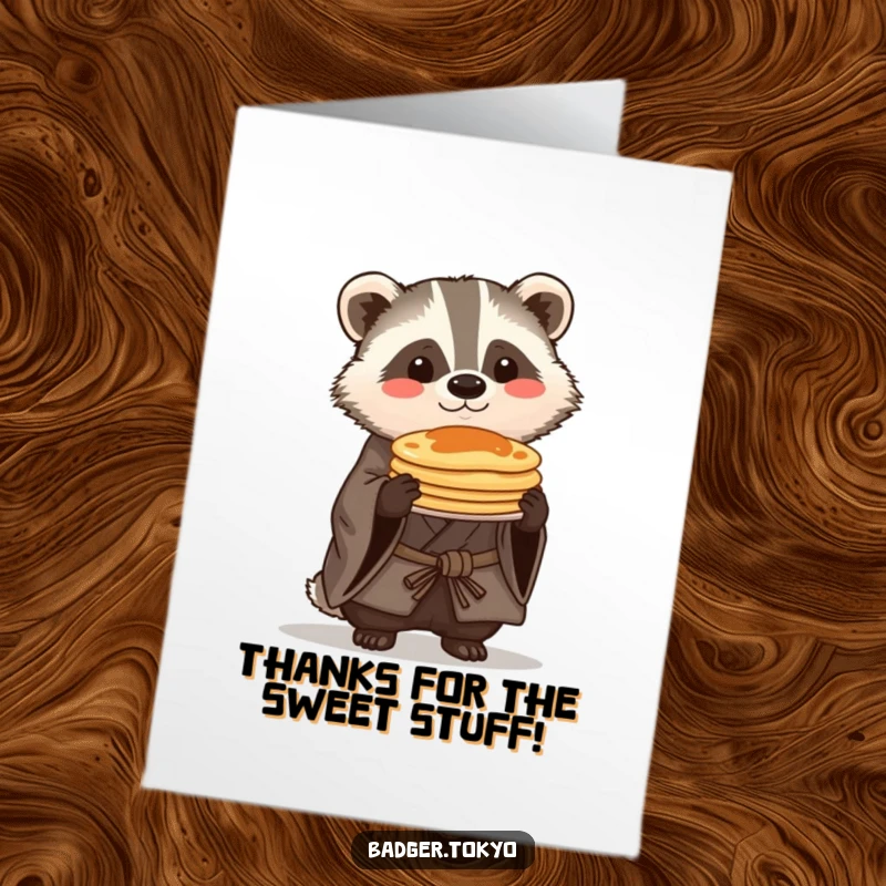 Funny Free Printable Thank You Card: Kawaii badger in kimono proudly balances pancakes, a delightful and grateful design.