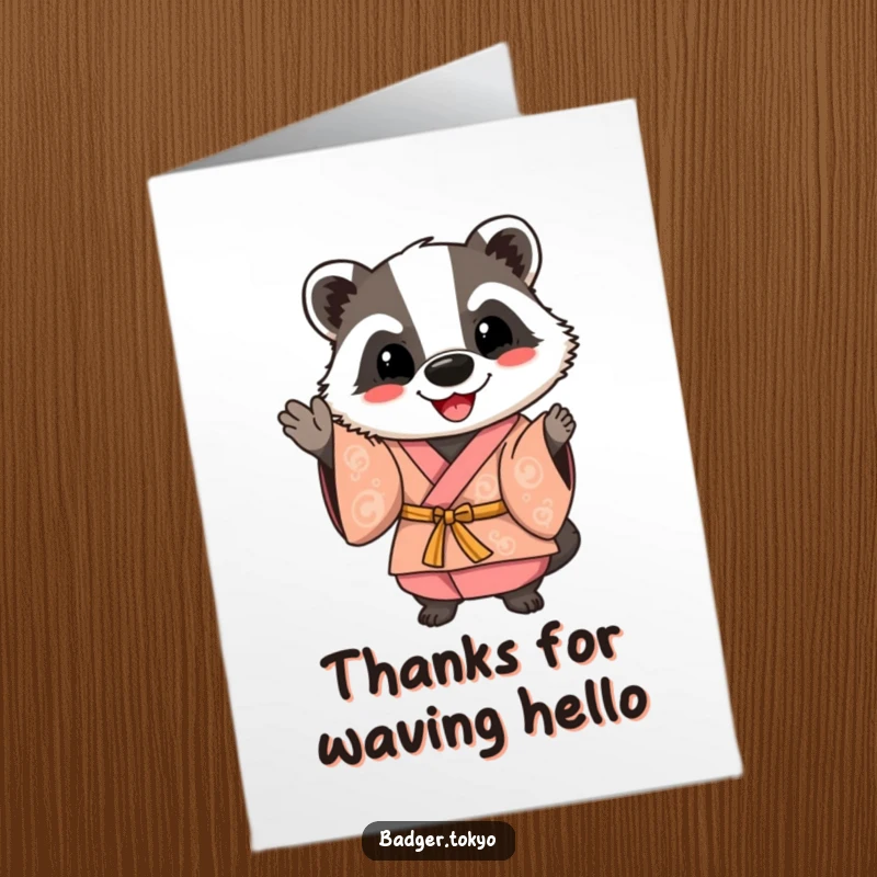 Funny free printable thank you card of a happy badger in a colorful kimono, waving hello with a cheerful and welcoming expression.