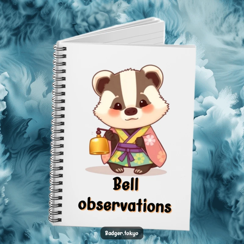 Funny notebook with a badger in a colorful kimono looking curiously at a tiny bell, perfect for jotting down humorous thoughts and questions.