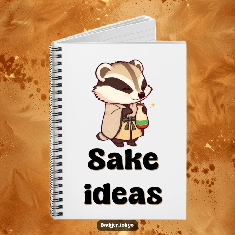 Funny notebook with a badger in an ornate kimono playfully tipping a small sake flask, perfect for jotting down humorous celebration notes.