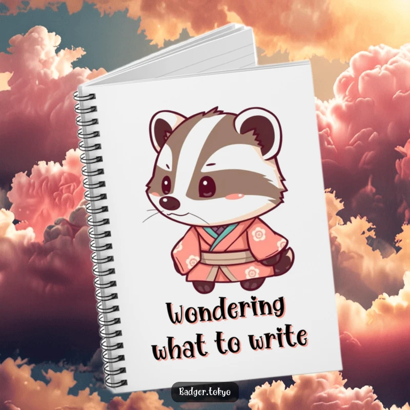Funny Kawaii Badger Kimono Notebook, badger tipping head inquisitively, cute, journaling, creative, perfect funny gift.