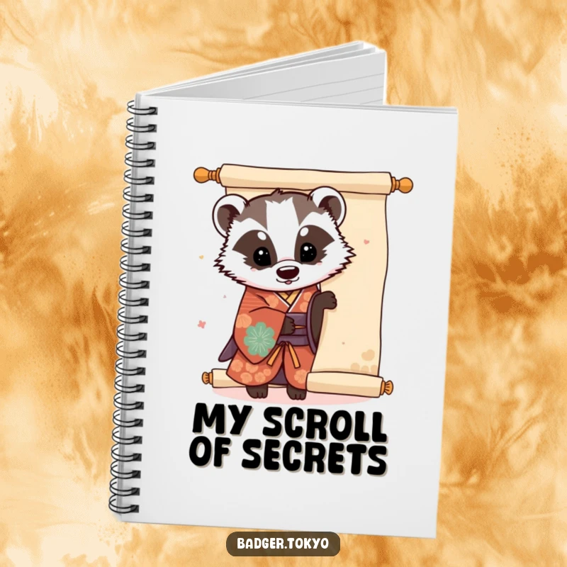 Funny Kawaii badger in a colorful kimono peeking from behind a large scroll, ideal for journaling with a humorous touch.