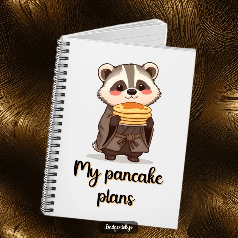 Funny Kawaii badger in a rustic kimono proudly balancing a small stack of pancakes, ideal for journaling with a humorous touch.