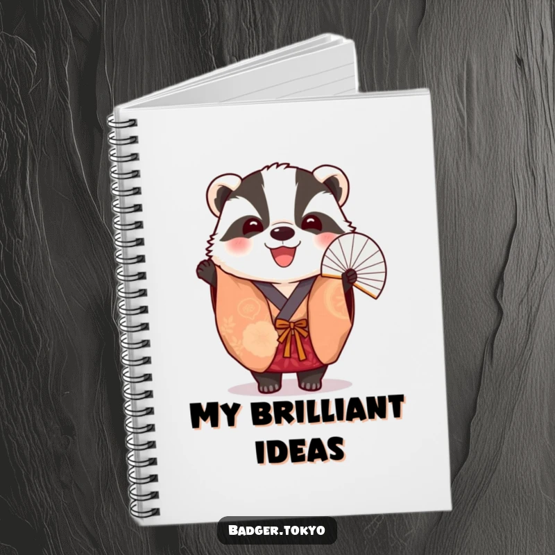 Funny Notebook: A badger in a vibrant kimono cheerfully holds a fan, ideal for jotting down notes.