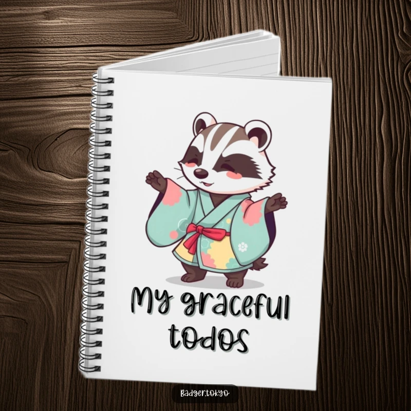 Funny Kawaii badger in a vibrant kimono performing a gentle sweeping motion, perfect for note-taking with a humorous flair.