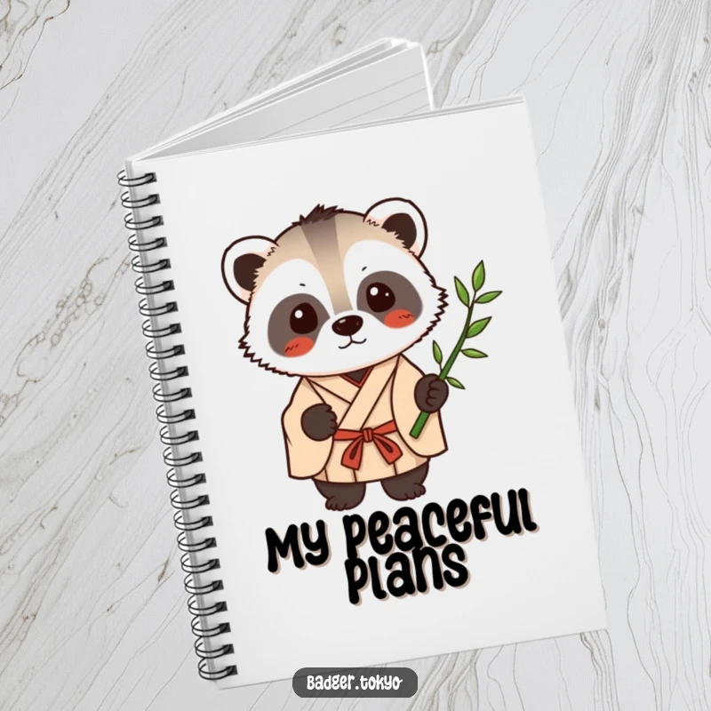 Funny Kawaii badger in a simple kimono holding a single bamboo stalk, ideal for journaling with a humorous touch.